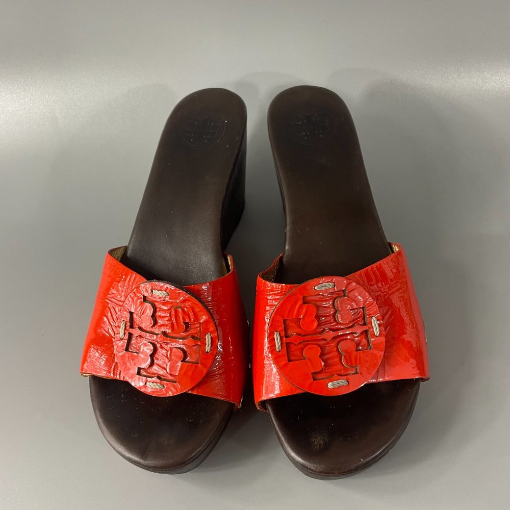 Tory Burch Platform Slides Orange Patent Leather Top, Size 8 M - Picture 4 of 12